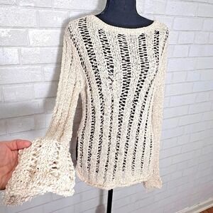 Womens Loose Knit Crochet Sweater Medium Bell Sleeve Boho Beach Coastal Festival